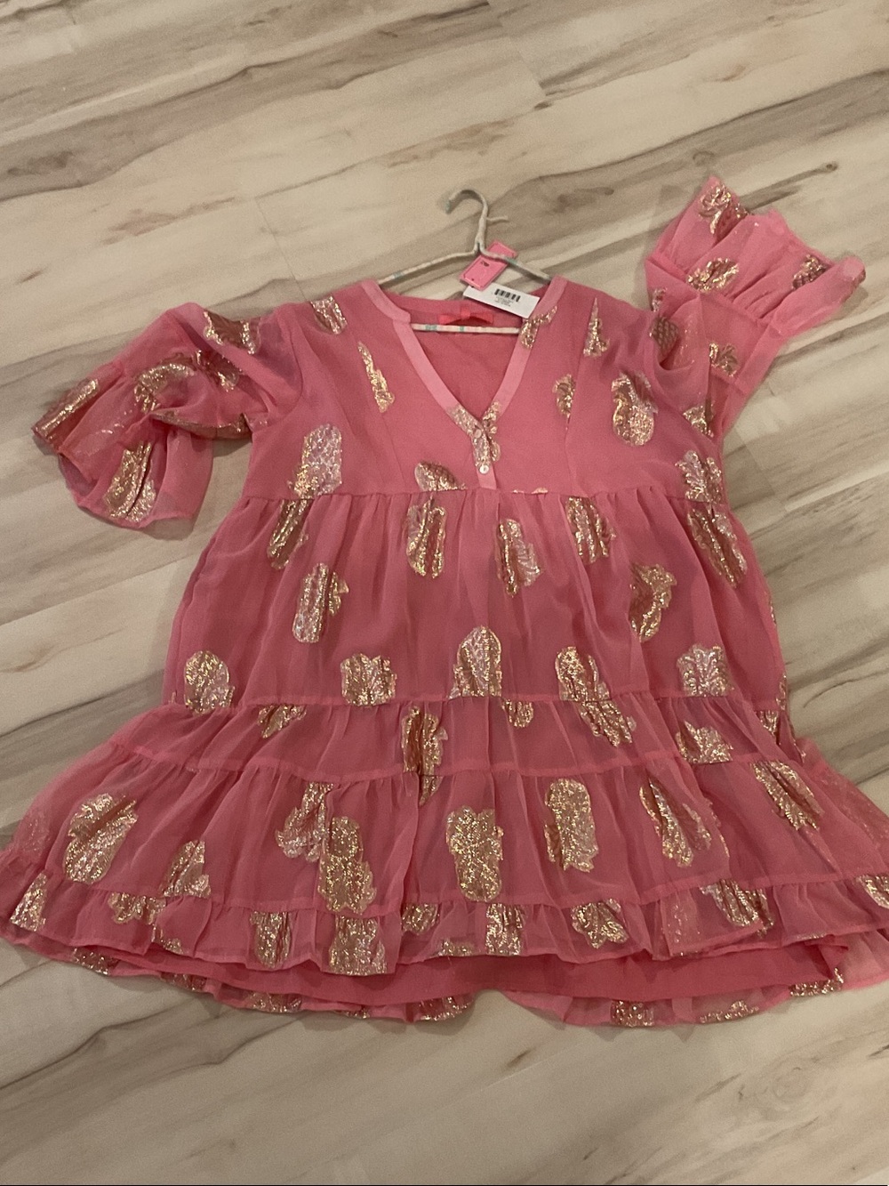 NWT, baby doll Simply Southern Pink Tiered Dress with Gold Foil Accents. - Picture 4 of 10